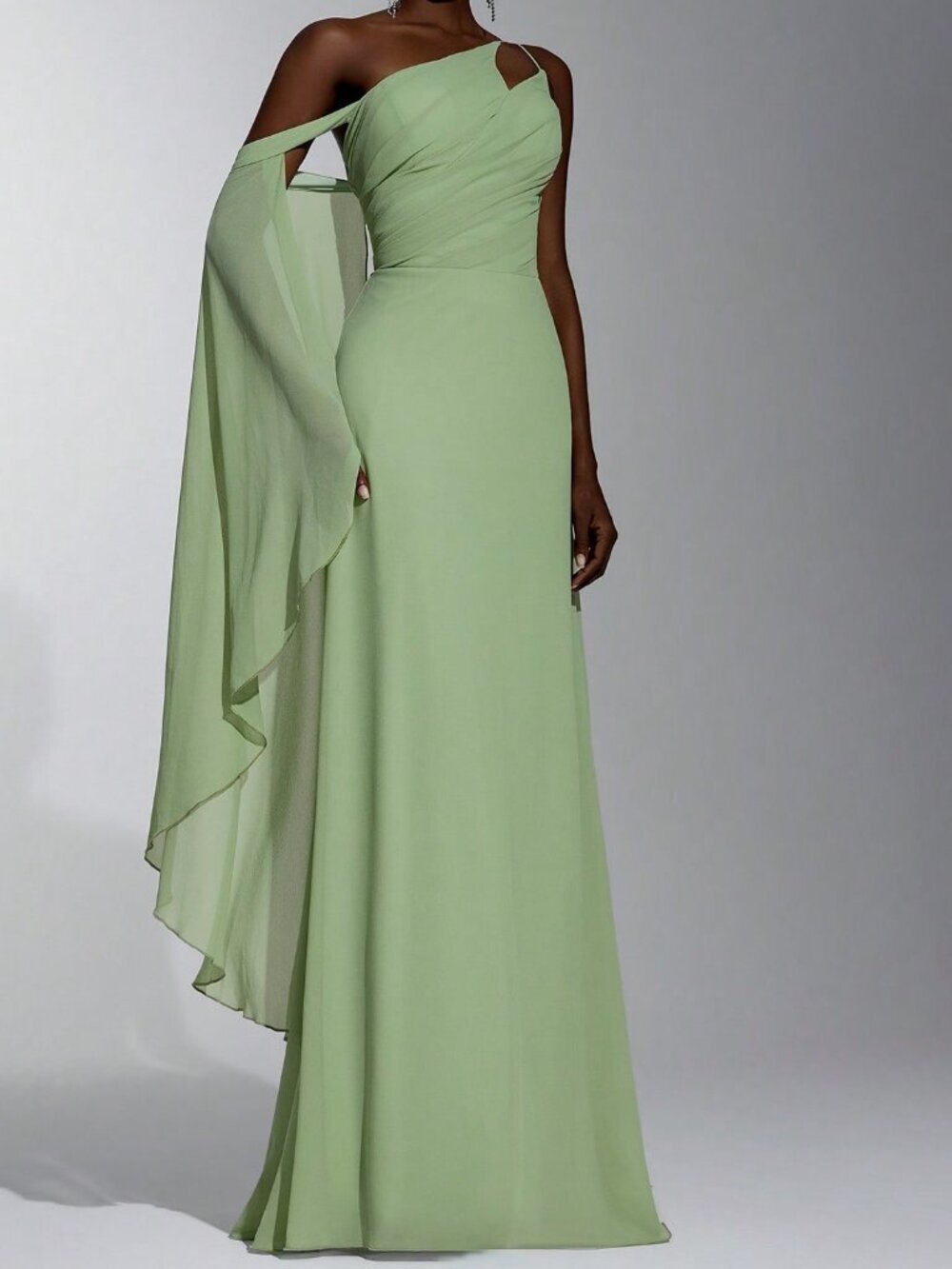 Green Women's Elegant Chiffon One-Shoulder Cape Sleeve Ruched A-Line Dress
